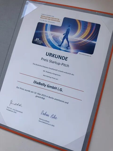 Certificato della Deutsche Diabetes Gesellschaft: Premio Startup Pitch per DiaBelly GmbH
